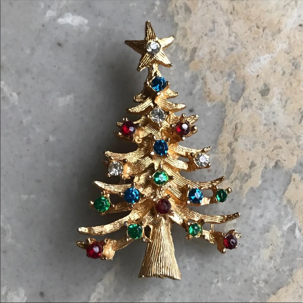 Gold LJM Signed Christmas Tree Brooch